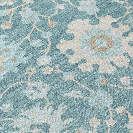 Teal Blue And Silver Floral Washable Indoor Outdoor Area Rug Photo 5