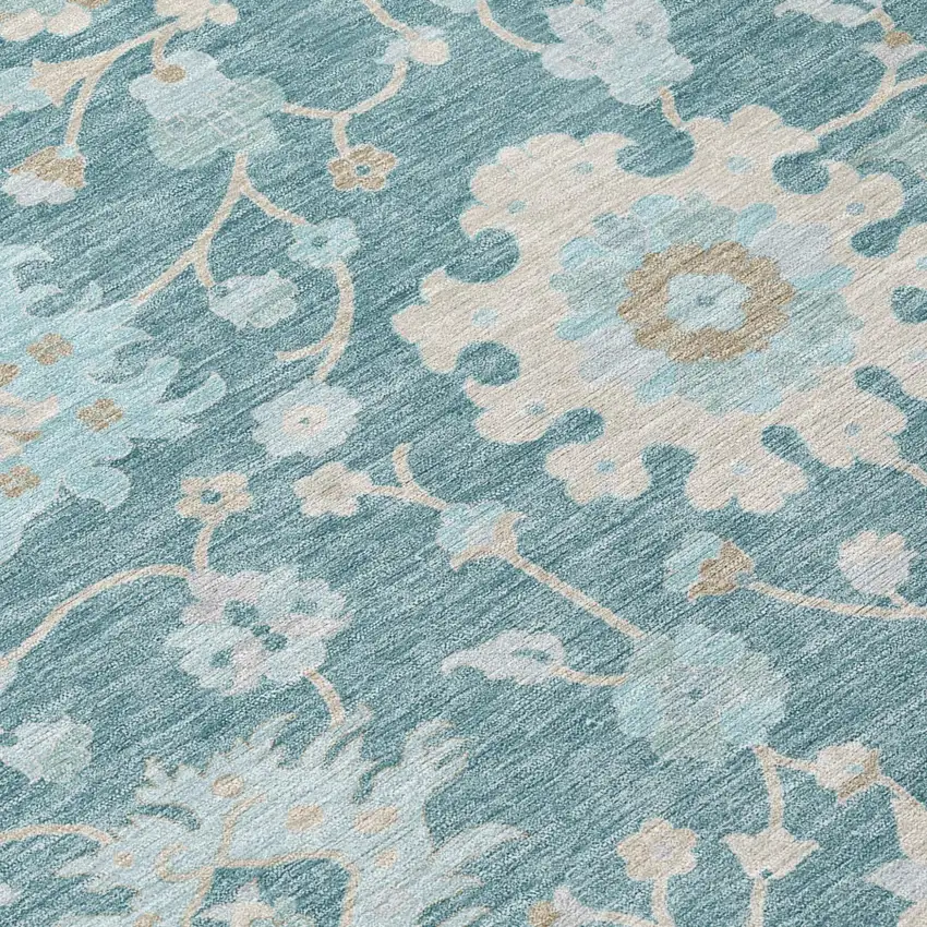 Teal Blue And Silver Floral Washable Indoor Outdoor Area Rug Photo 5