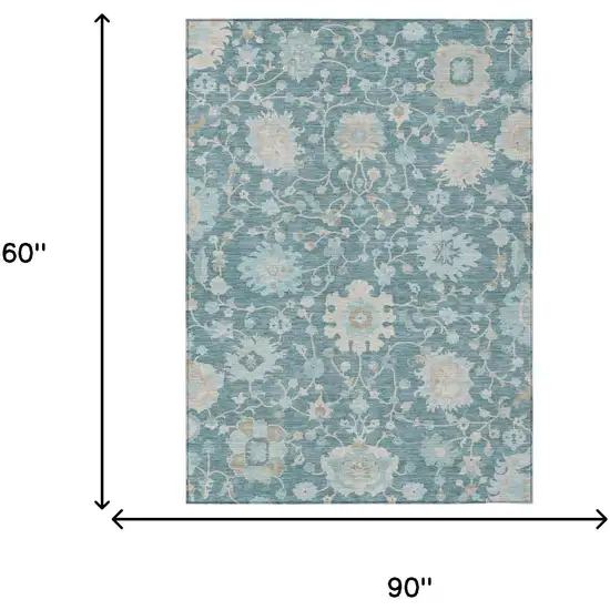 Teal Blue And Silver Floral Washable Indoor Outdoor Area Rug Photo 6