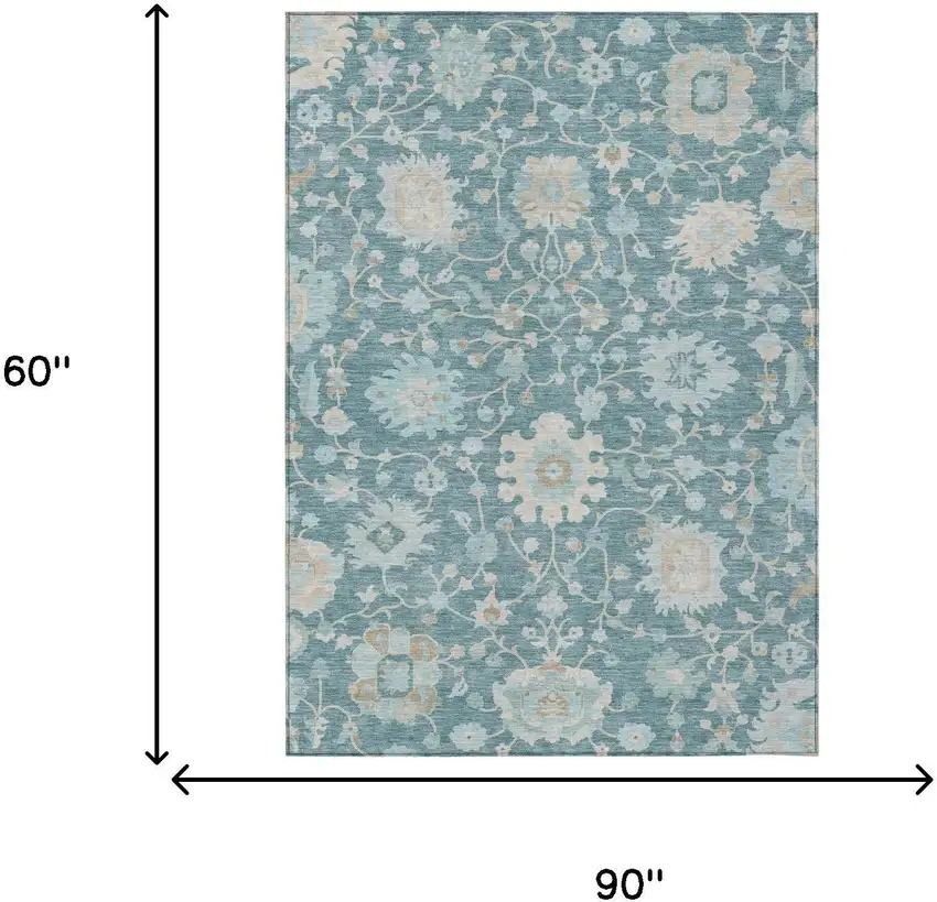 Teal Blue And Silver Floral Washable Indoor Outdoor Area Rug Photo 6