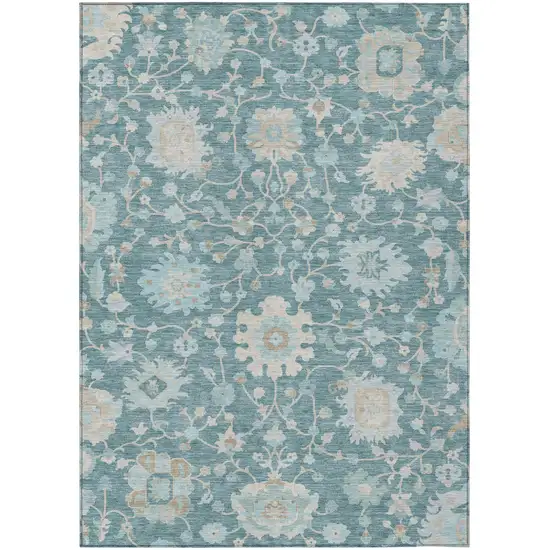 Teal Blue And Silver Floral Washable Indoor Outdoor Area Rug Photo 1