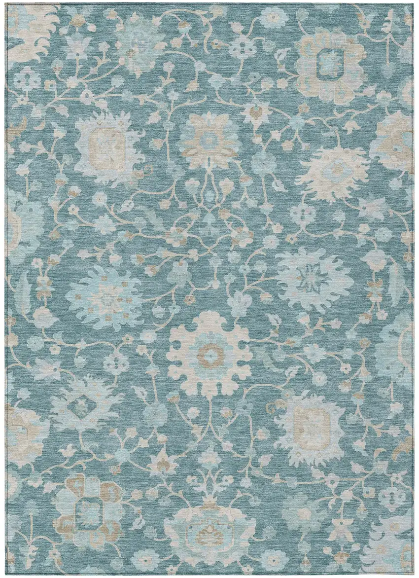Teal Blue And Silver Floral Washable Indoor Outdoor Area Rug Photo 1