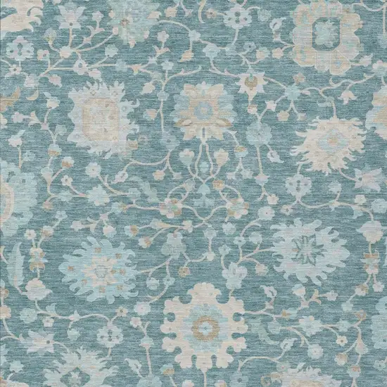 Teal Blue And Silver Floral Washable Indoor Outdoor Area Rug Photo 2