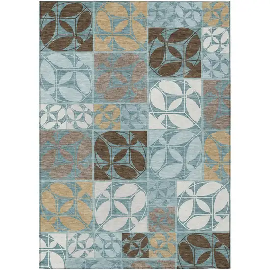 Teal Blue And Silver Geometric Washable Indoor Outdoor Area Rug Photo 1