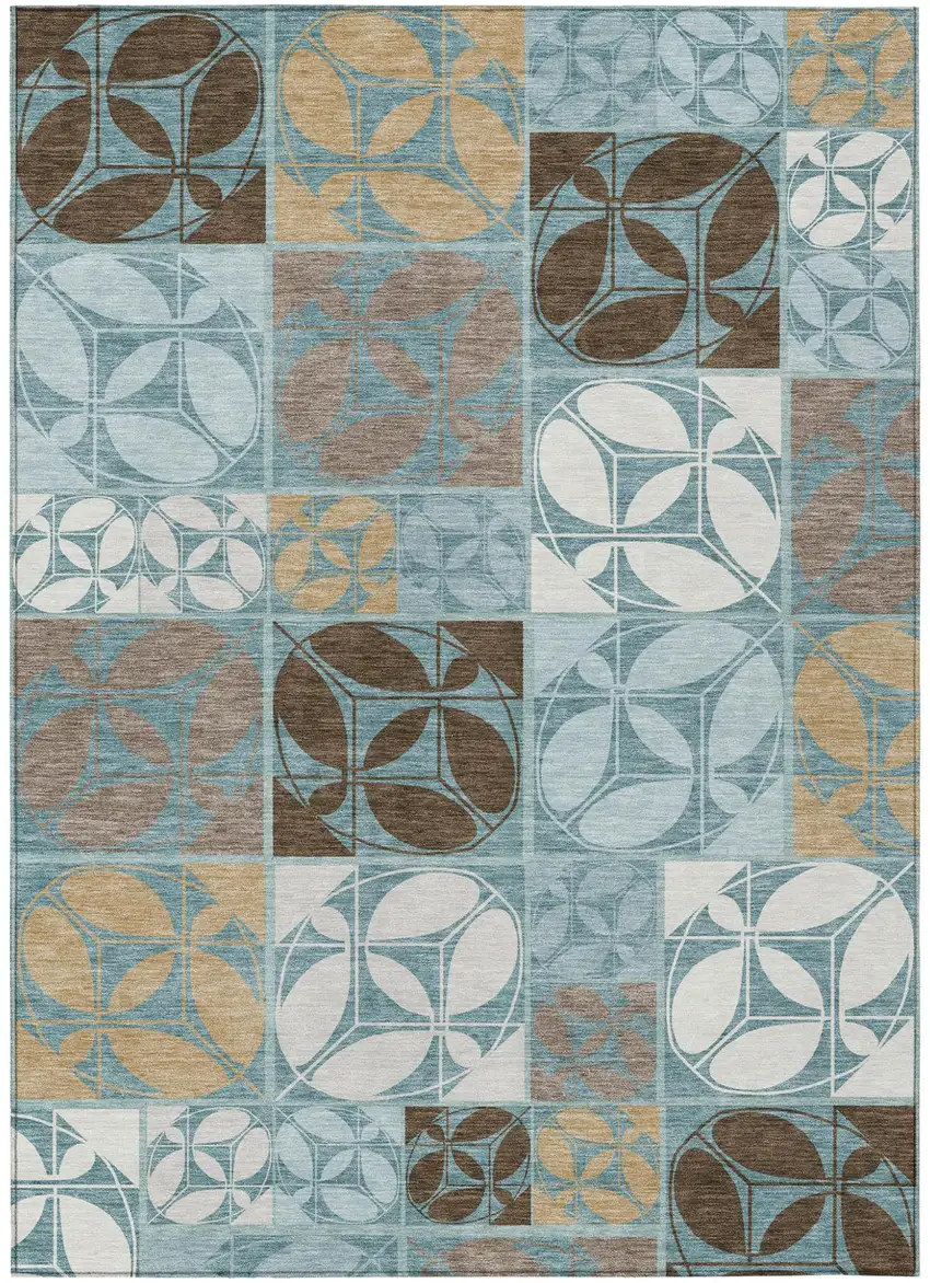 Teal Blue And Silver Geometric Washable Indoor Outdoor Area Rug Photo 1