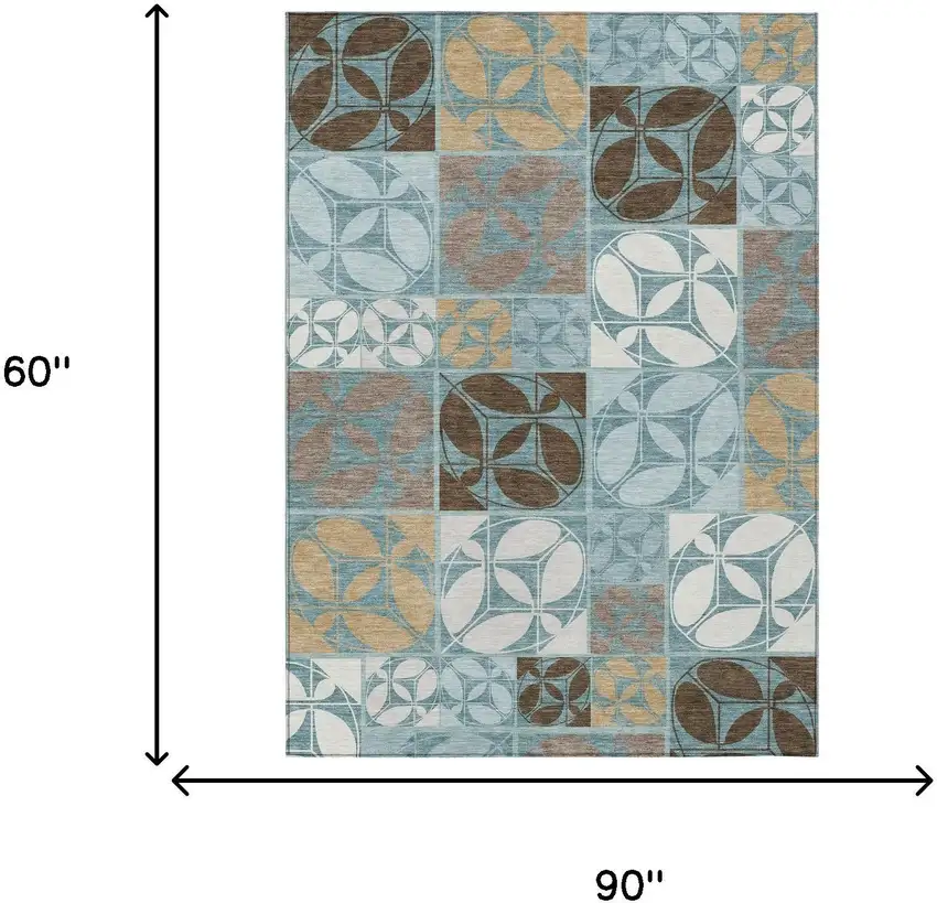 Teal Blue And Silver Geometric Washable Indoor Outdoor Area Rug Photo 6
