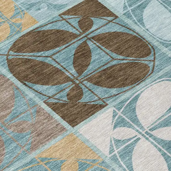 Teal Blue And Silver Geometric Washable Indoor Outdoor Area Rug Photo 5