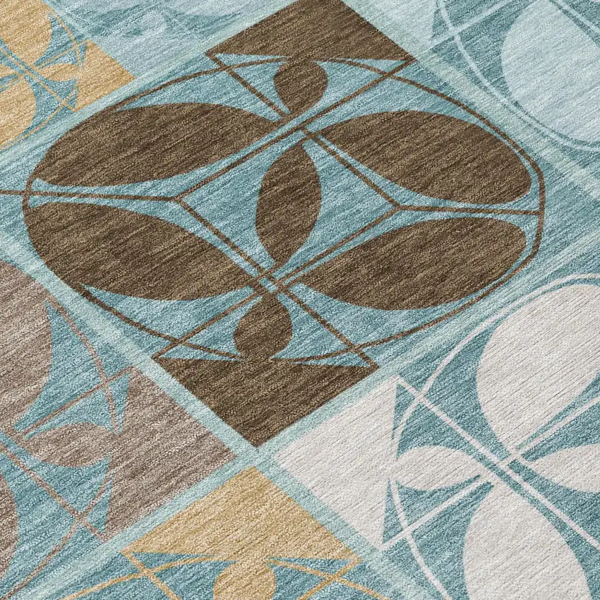 Teal Blue And Silver Geometric Washable Indoor Outdoor Area Rug Photo 5