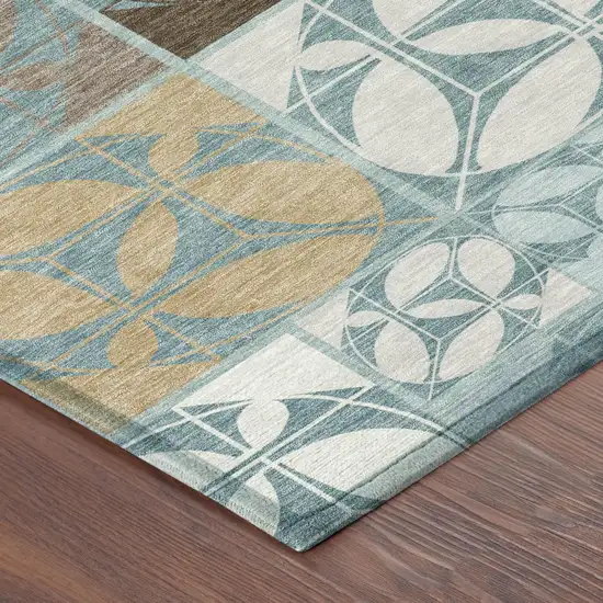 Teal Blue And Silver Geometric Washable Indoor Outdoor Area Rug Photo 4