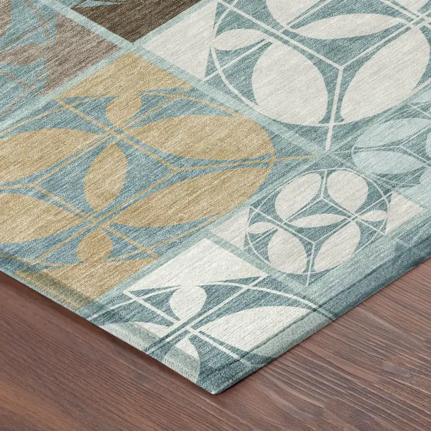Teal Blue And Silver Geometric Washable Indoor Outdoor Area Rug Photo 4