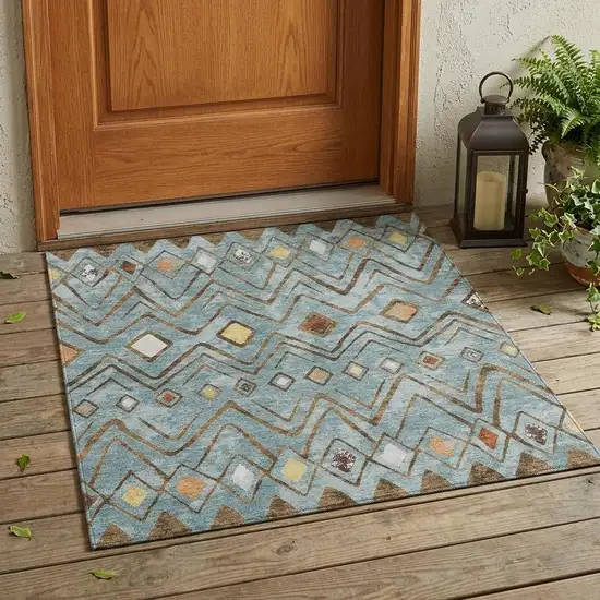 Teal Blue And Silver Geometric Washable Indoor Outdoor Area Rug Photo 1