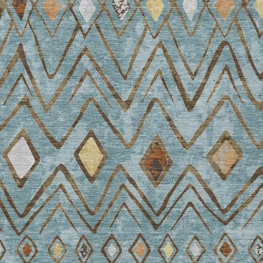 Teal Blue And Silver Geometric Washable Indoor Outdoor Area Rug Photo 3