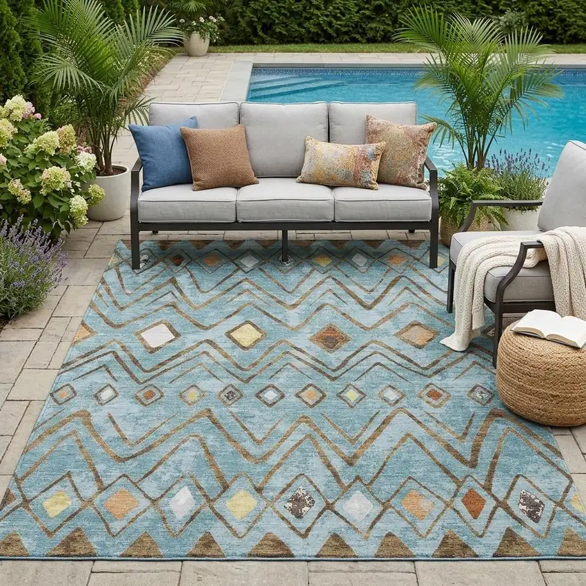 Teal Blue And Silver Geometric Washable Indoor Outdoor Area Rug Photo 1