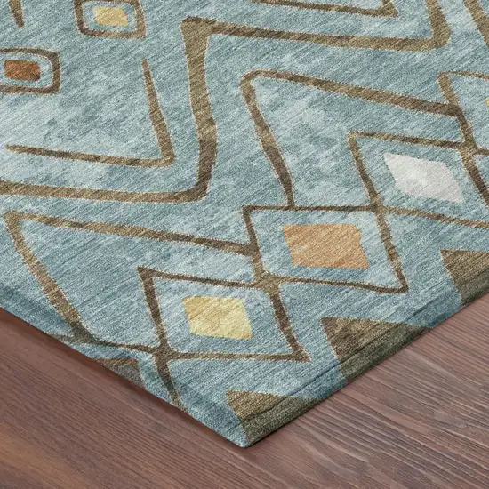 Teal Blue And Silver Geometric Washable Indoor Outdoor Area Rug Photo 5