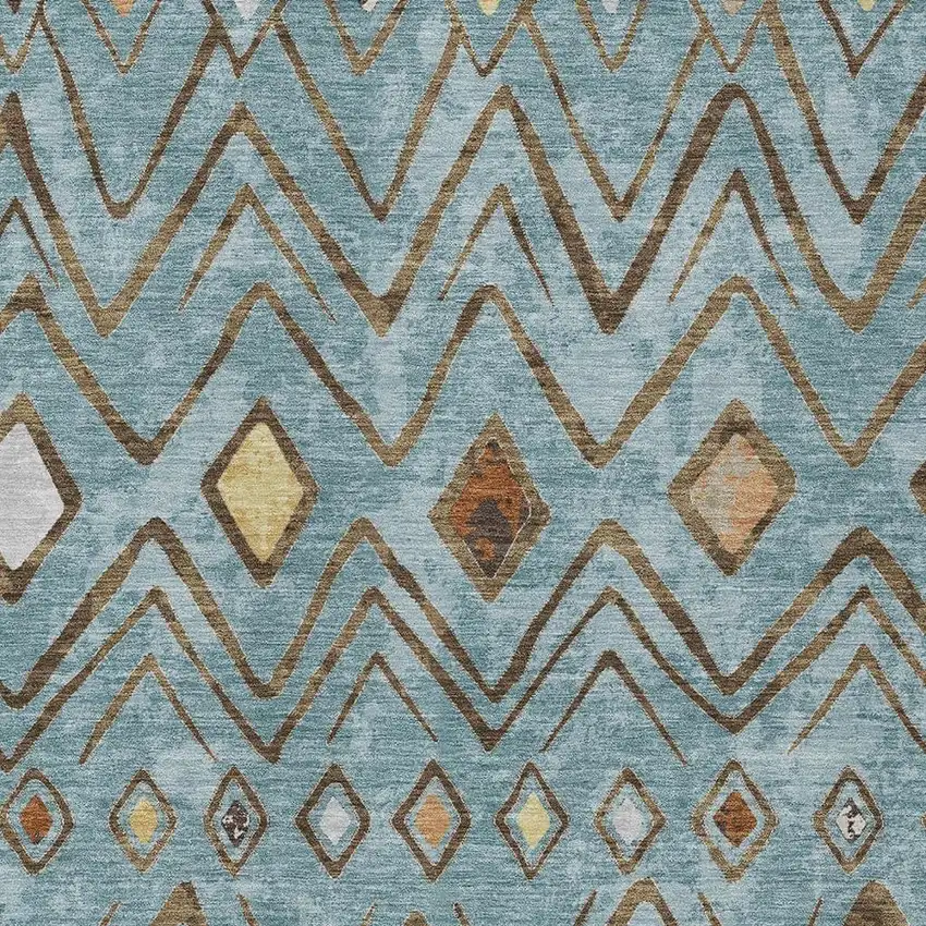 Teal Blue And Silver Geometric Washable Indoor Outdoor Area Rug Photo 3