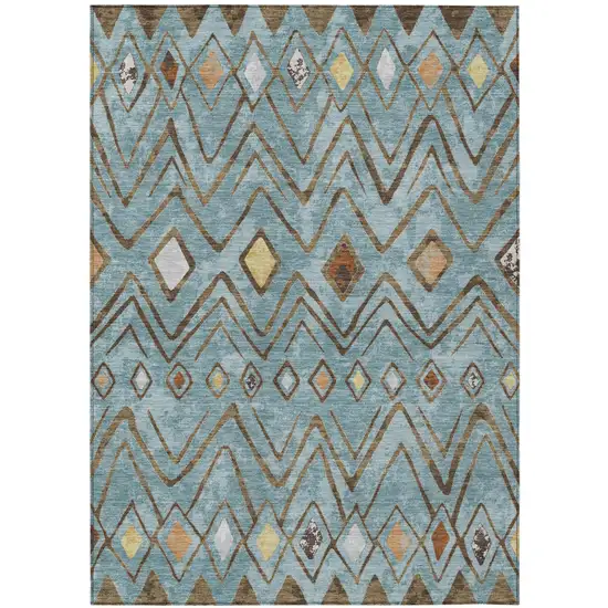 Teal Blue And Silver Geometric Washable Indoor Outdoor Area Rug Photo 2