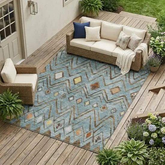 Teal Blue And Silver Geometric Washable Indoor Outdoor Area Rug Photo 1