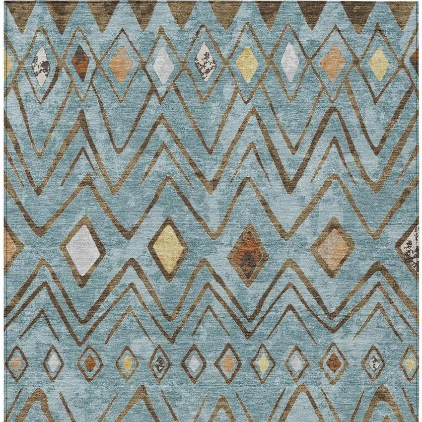 Teal Blue And Silver Geometric Washable Indoor Outdoor Area Rug Photo 4