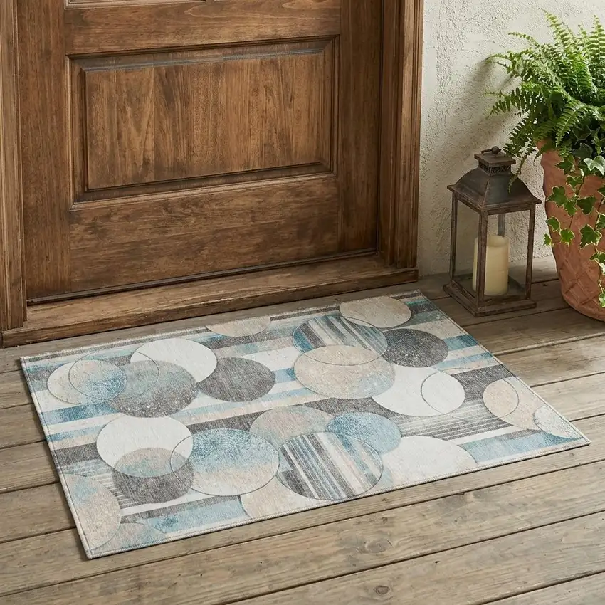 Teal Blue And Silver Geometric Washable Indoor Outdoor Area Rug Photo 1