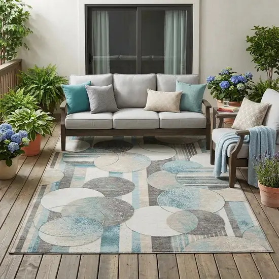 Teal Blue And Silver Geometric Washable Indoor Outdoor Area Rug Photo 1