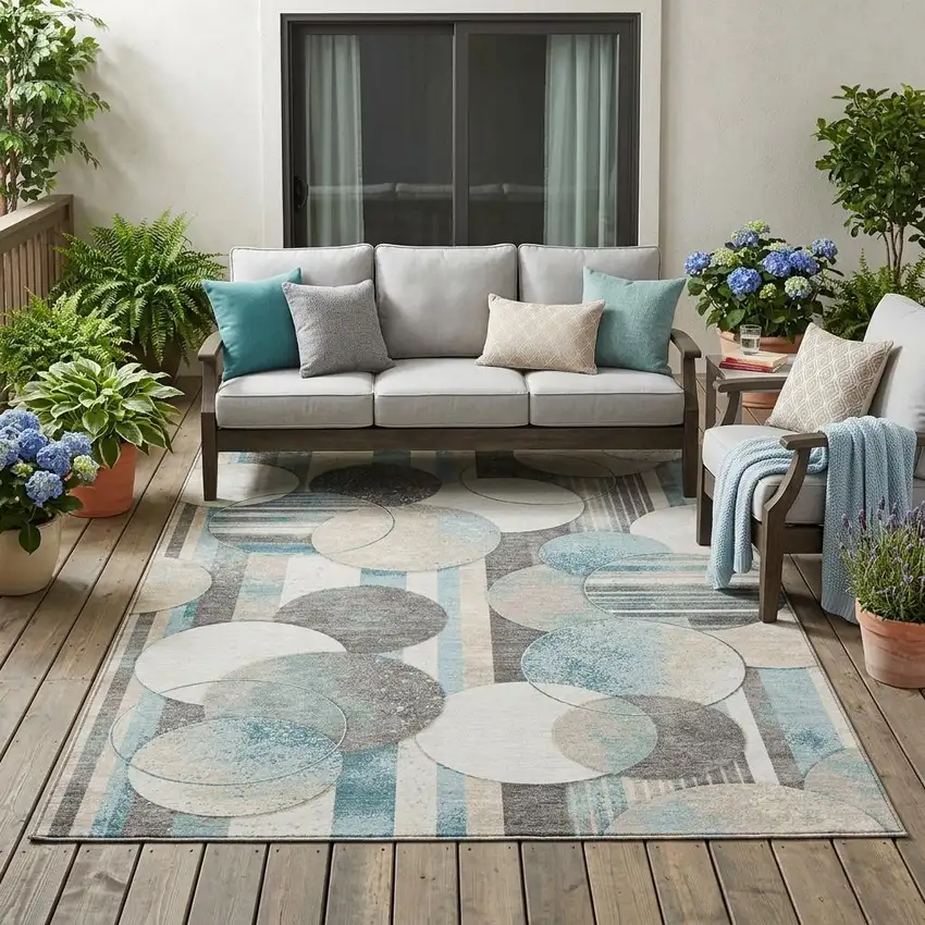 Teal Blue And Silver Geometric Washable Indoor Outdoor Area Rug Photo 1