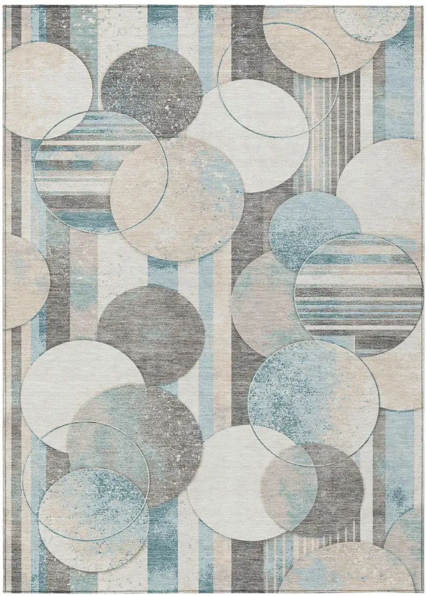 Teal Blue And Silver Geometric Washable Indoor Outdoor Area Rug Photo 2