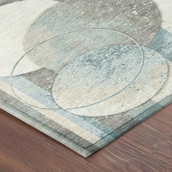 Teal Blue And Silver Geometric Washable Indoor Outdoor Area Rug Photo 3