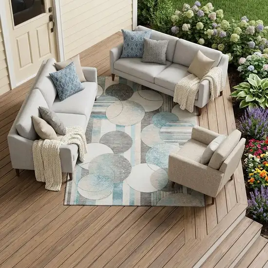 Teal Blue And Silver Geometric Washable Indoor Outdoor Area Rug Photo 1