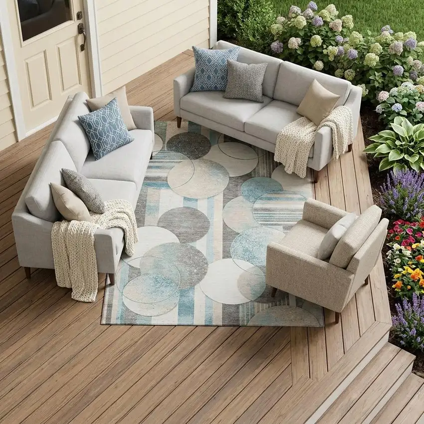 Teal Blue And Silver Geometric Washable Indoor Outdoor Area Rug Photo 1