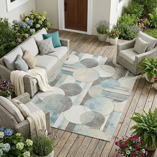 Teal Blue And Silver Geometric Washable Indoor Outdoor Area Rug Photo 1