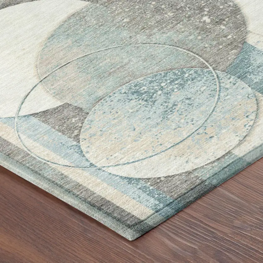 Teal Blue And Silver Geometric Washable Indoor Outdoor Area Rug Photo 3