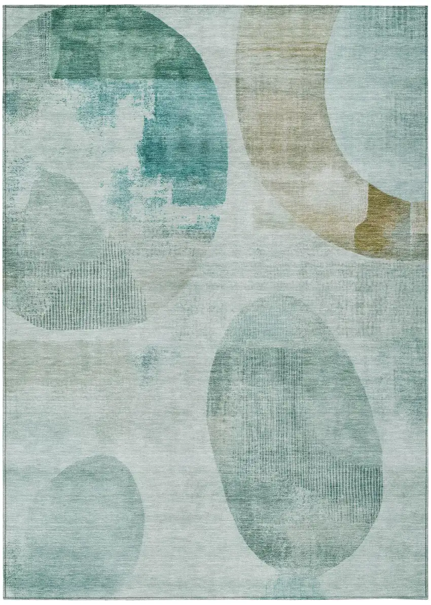 Teal Blue And Silver Geometric Washable Indoor Outdoor Area Rug Photo 2