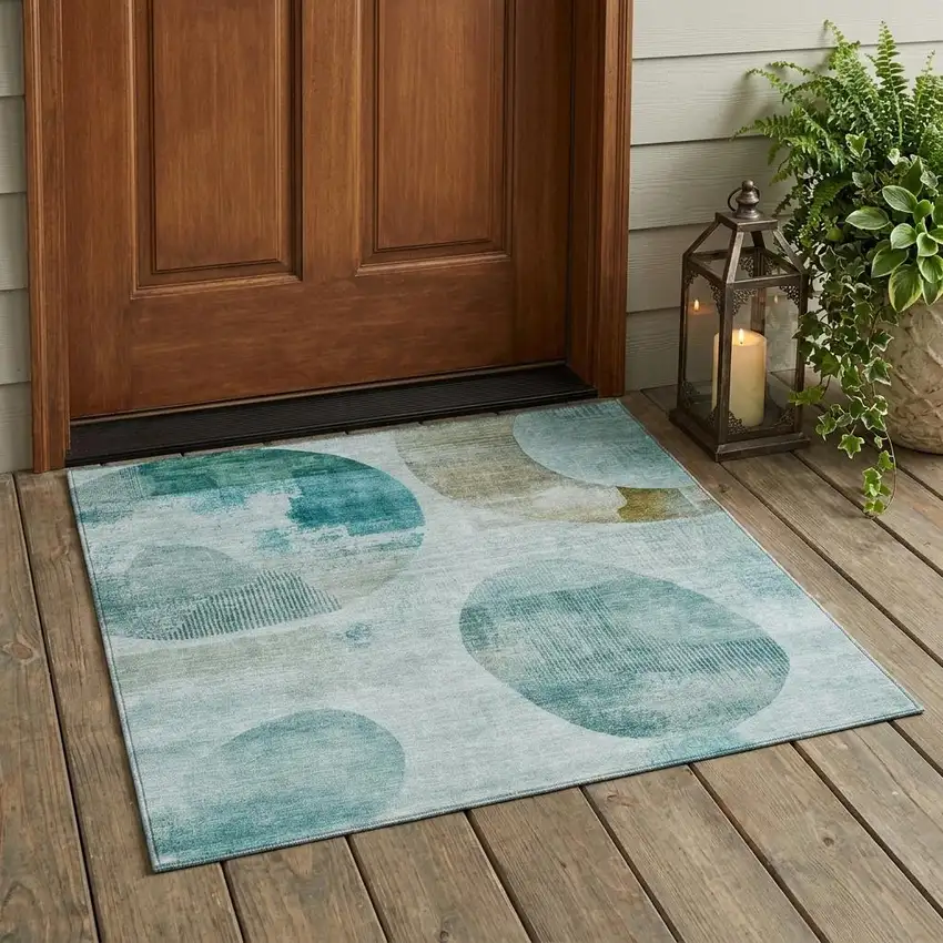 Teal Blue And Silver Geometric Washable Indoor Outdoor Area Rug Photo 1