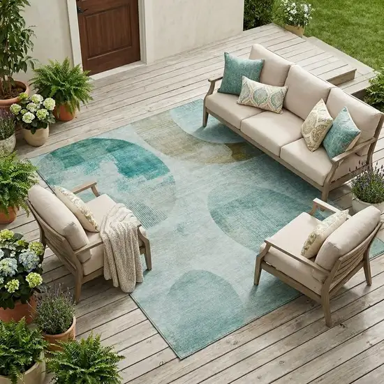 Teal Blue And Silver Geometric Washable Indoor Outdoor Area Rug Photo 1