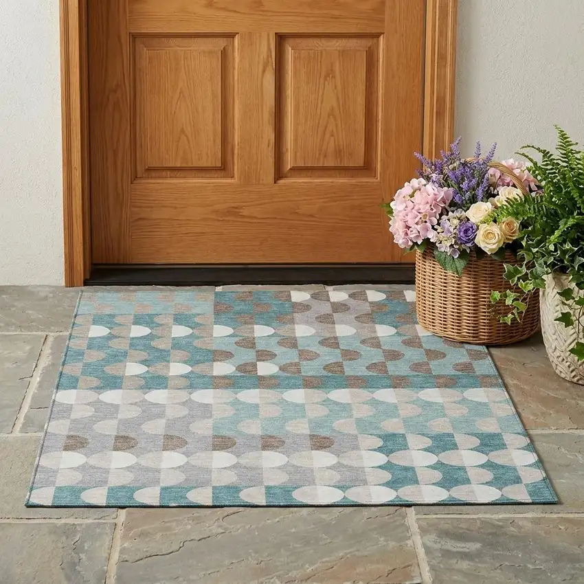 Teal Blue And Silver Geometric Washable Indoor Outdoor Area Rug Photo 1
