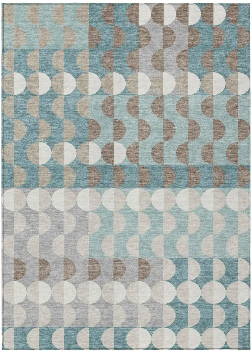 Teal Blue And Silver Geometric Washable Indoor Outdoor Area Rug Photo 2