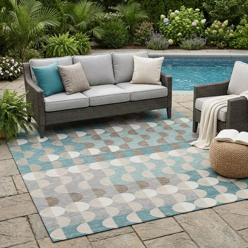 Teal Blue And Silver Geometric Washable Indoor Outdoor Area Rug Photo 1