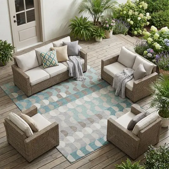 Teal Blue And Silver Geometric Washable Indoor Outdoor Area Rug Photo 1