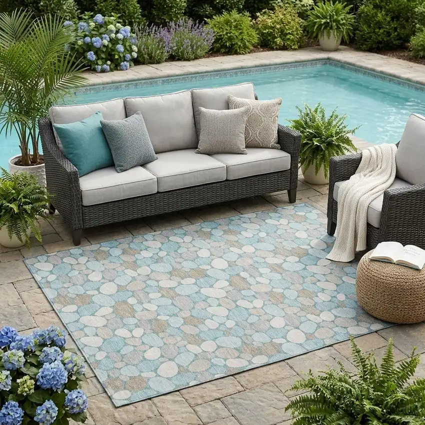 Teal Blue And Silver Geometric Washable Indoor Outdoor Area Rug Photo 1