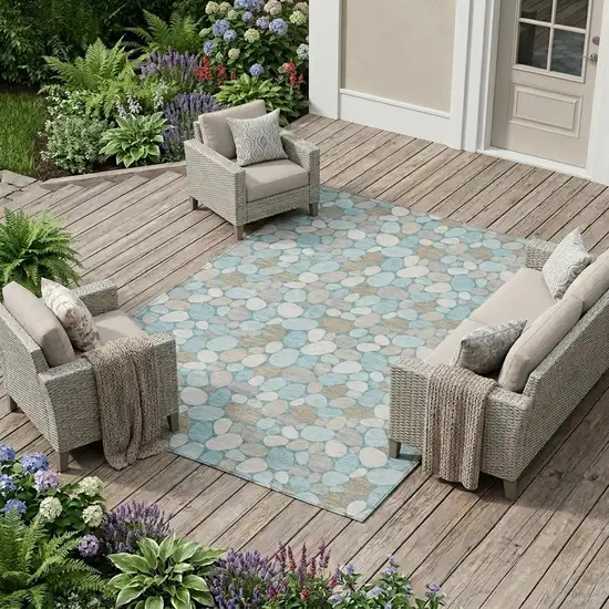Teal Blue And Silver Geometric Washable Indoor Outdoor Area Rug Photo 1