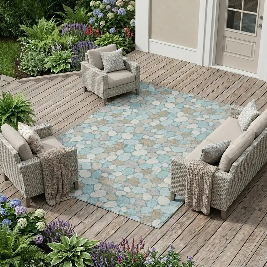 Teal Blue And Silver Geometric Washable Indoor Outdoor Area Rug Photo 1