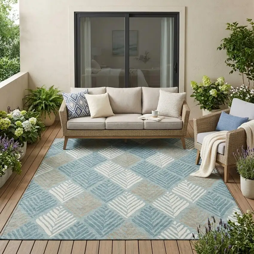 Teal Blue And Silver Geometric Washable Indoor Outdoor Area Rug Photo 1
