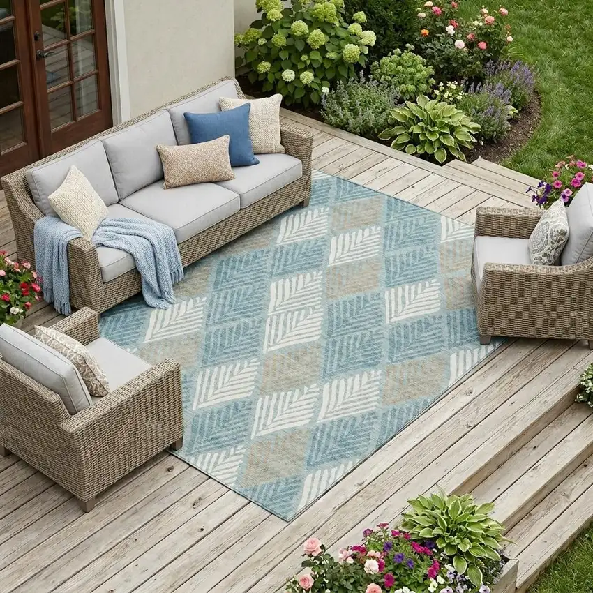 Teal Blue And Silver Geometric Washable Indoor Outdoor Area Rug Photo 1