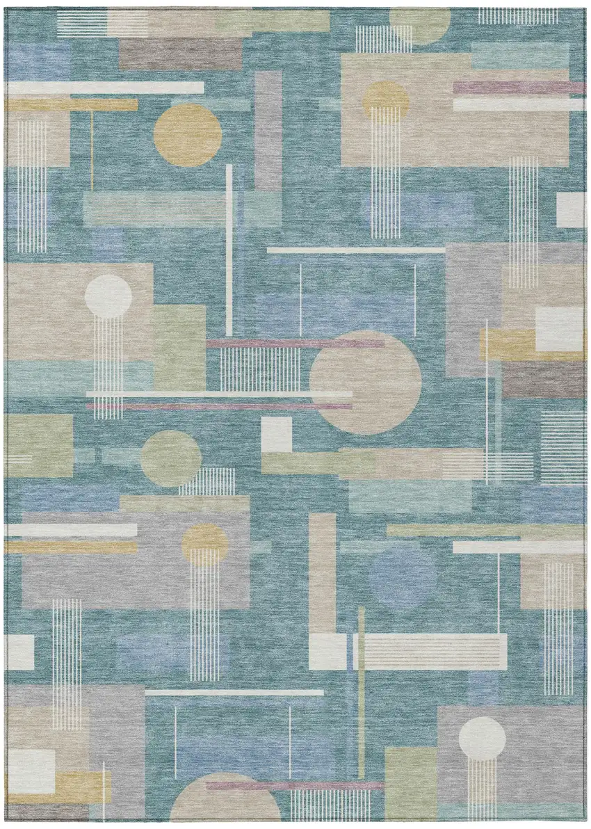 Teal Blue And Silver Geometric Washable Indoor Outdoor Area Rug Photo 2
