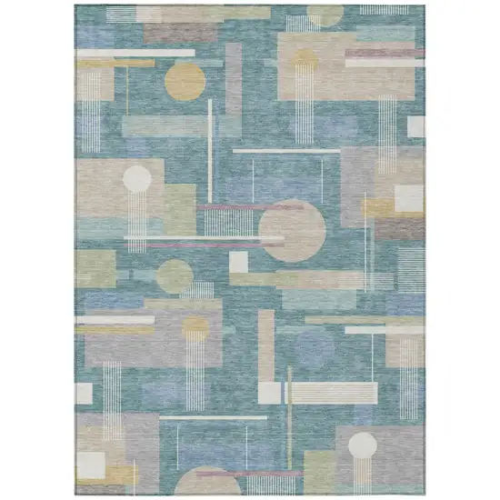 Teal Blue And Silver Geometric Washable Indoor Outdoor Area Rug Photo 2