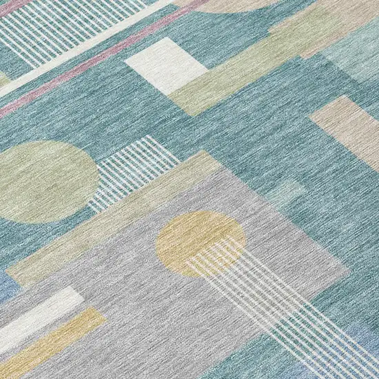 Teal Blue And Silver Geometric Washable Indoor Outdoor Area Rug Photo 4