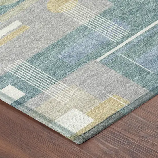 Teal Blue And Silver Geometric Washable Indoor Outdoor Area Rug Photo 3