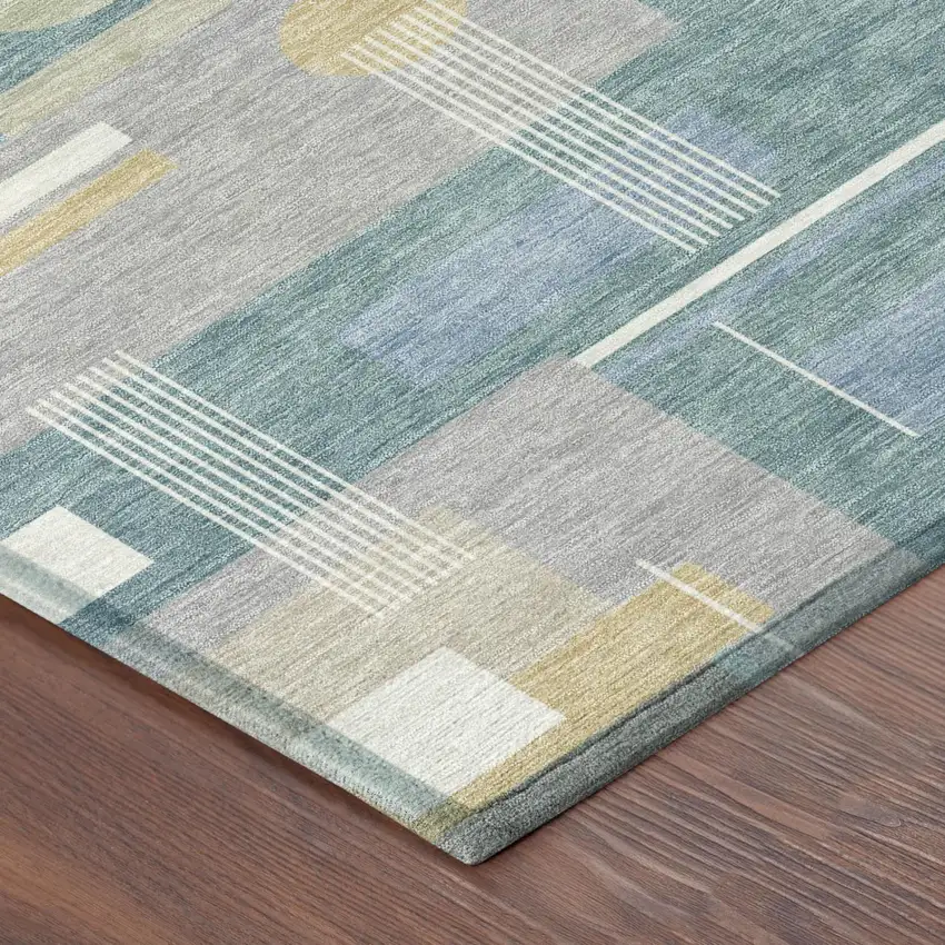 Teal Blue And Silver Geometric Washable Indoor Outdoor Area Rug Photo 3