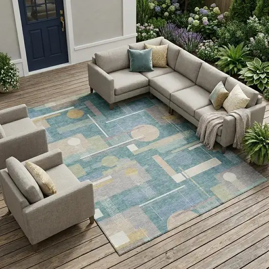 Teal Blue And Silver Geometric Washable Indoor Outdoor Area Rug Photo 1