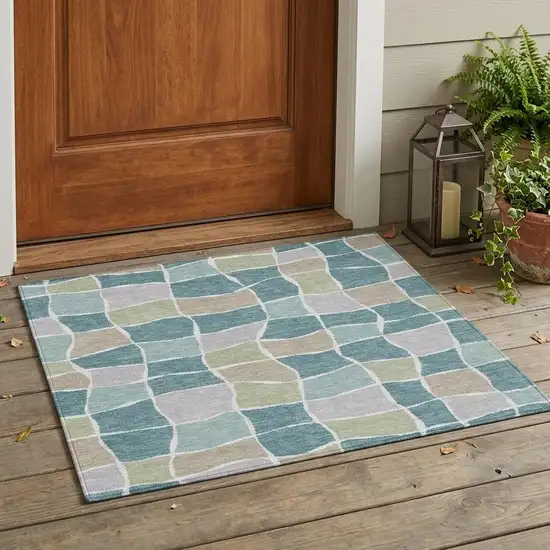 Teal Blue And Silver Geometric Washable Indoor Outdoor Area Rug Photo 1